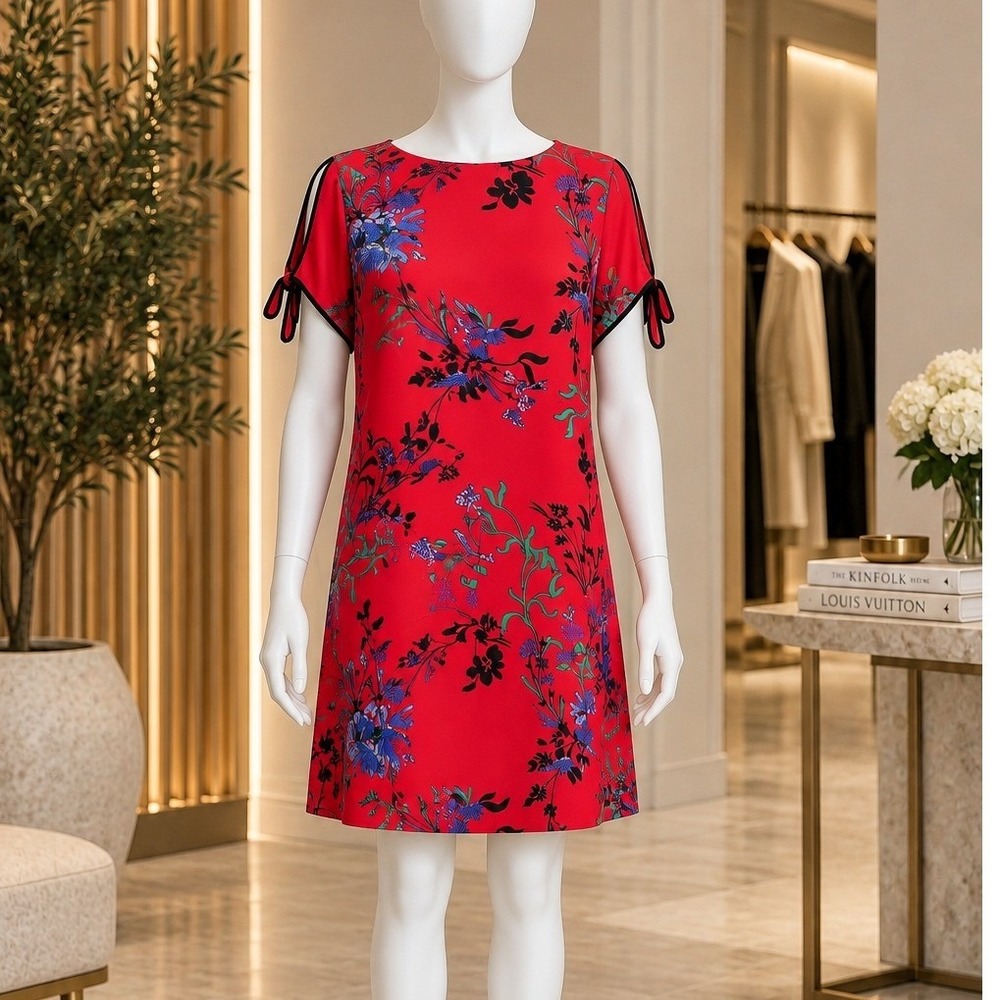Charlie Paige Womens Floral Shift Dress Red Split Tie Sleeve Small